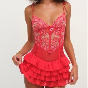 NWT For Love & Lemons L Heartbeat Lace Slip Dress Embroidery Hearts Mesh Ruffles